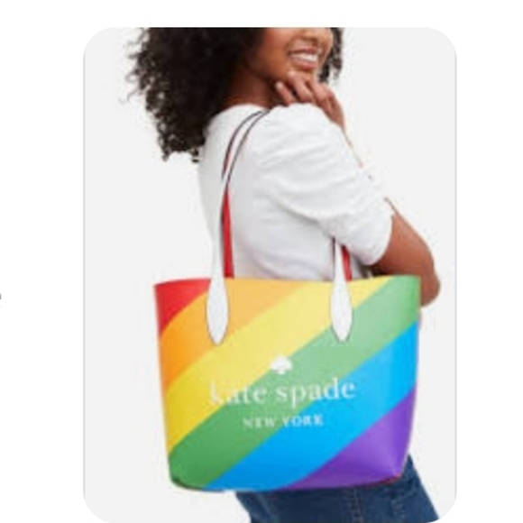 🌈🌈Kate Spade Rainbow Pride Reversible Tote Bag Handbag & Zip Pouch Clutch Set - Picture 10 of 10